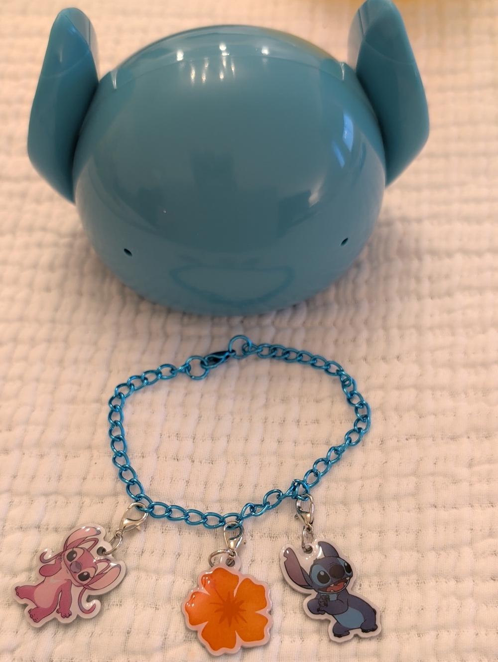 Disney Stitch & Angel & Orange Hibiscus Blue Charm Bracelet And Special Case
